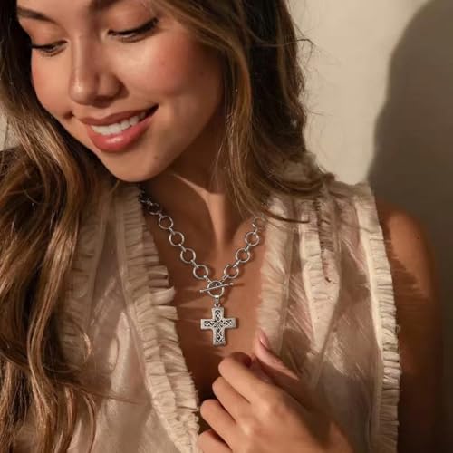 Chunky Cross Necklace for Women, 925 Sterling Silver Pendant with Copper Chunky Chain, Non Tarnish Statement Necklace for Daily Wear, Gift - color: Silver-05