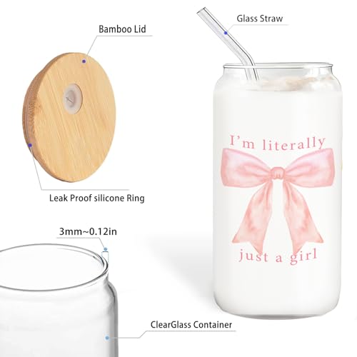 Coquette Pink Bow Girly Aesthetic Glass Cup with Lids and Straws 14oz, I'm Literally Just a Girl Glass Iced Coffee Tumbler Drinking Jars with Cleaning Brush, Girly Gifts for Women - color: Pink Bow4