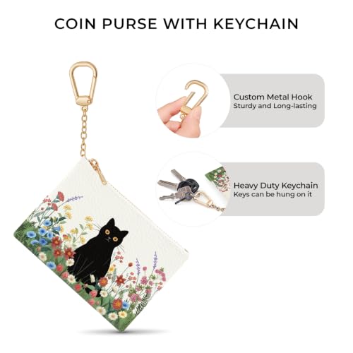 Black Cat Floral Keychain Coin Purse for Women Small Change Pouch - color: Black Cat and Flower