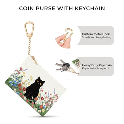 Black Cat Floral Keychain Coin Purse for Women Small Change Pouch - color: Black Cat and Flower