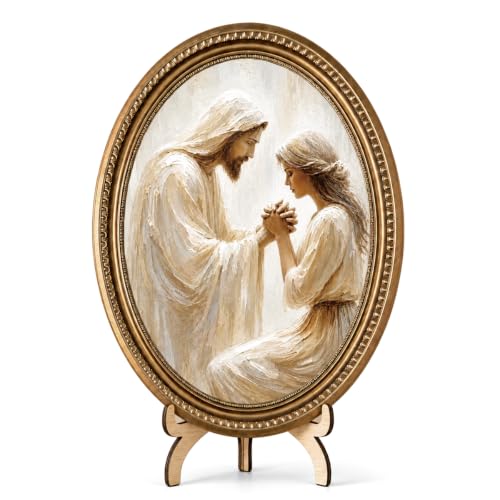 Christian Wall Decor, Vintage Jesus Oval Wood Sign for Wall and Tabletop