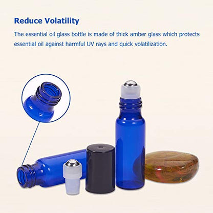 BENECREAT 30 Pack 5ml Coalt Blue Glass Roller Bottles with Stainless Steel Roller Balls, 10 Graduated Transfer Pipette and 4 Funnels for Essential Oils/Other Liquids - color: Blue, size: 5ml