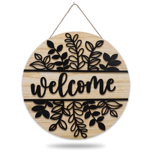 JarThenaAMCS 3D Black Leaves Welcome Door Sign Wooden Hanging Sign Rustic Front Door Hanger for Indoor Outdoor Farmhouse Home Porch Window Decor - style: Black Leaf