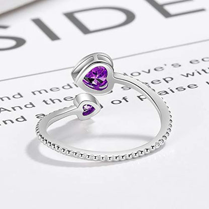 Step Forward 925 Sterling Silver Birthstone Rings for Women - Adjustable Open Heart Ring Constellation Month Band for Her Birthday Gifts Jewelry - color: February