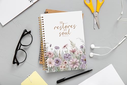 Christian Notebook for Women, Christian Gifts Journal, Prayer Journal for Women, Bible Journaling Notebook, PSALM 23:3 He Restores My Soul Floral Spiral Notebook 5.5x8.3 - color: 14-Christian-notebook