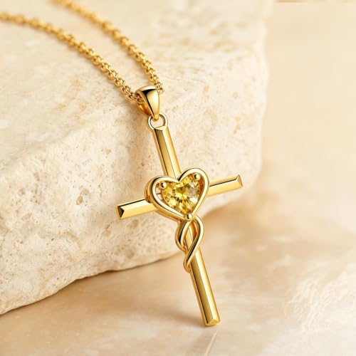Birthstone Cross Necklace for Women 14K Gold Plated Heart Infinity Cross Pendant Necklace Christian Religious Jewelry Anniversary Birthday Gifts for Wife Mom Her - color: Nov/Citrine