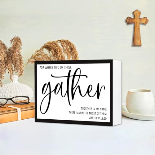 Matthew 18:20 Sign Wood Box Desk Decor,Bible Verse Scripture Sign Wooden Block for Christian Home Office Bedroom Wall Shelf Tabletop Decor 10'' x 6'' - style: Matthew 18:20