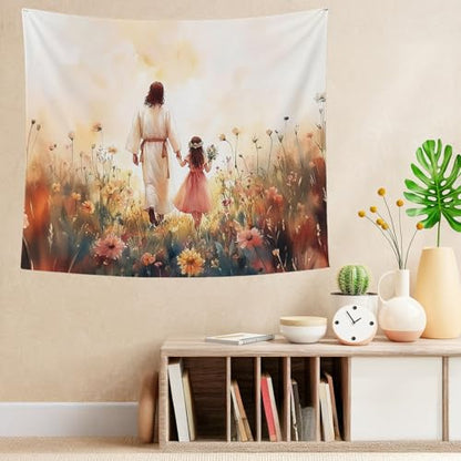 bitCNY Jesus and Girl Tapestry 60x50 Inches – Christian Tapestry for Kids Room, Gentle Faith Wall Hanging, Religious Art for Family Spaces - color: white-Jesus and Girl