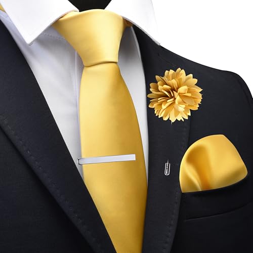 Branduce 3.15"（8cm） Mens Tie and Lapel Pin Solid Necktie Handkerchief Tie Clip Set for Men - color: Light Gold
