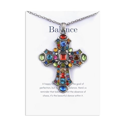 Alilang Silver Tone Stained Glass Rhinestone Patonce Cross Pendant Necklace with Religious Message Card & Envelope Christian Jewelry - style: Balance