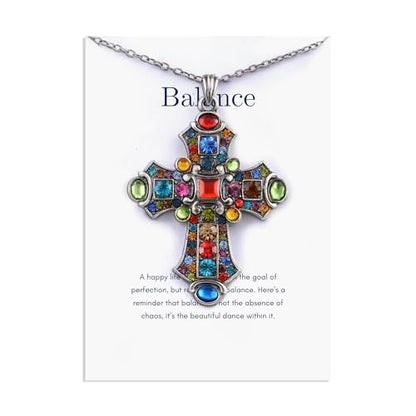 Alilang Silver Tone Stained Glass Rhinestone Patonce Cross Pendant Necklace with Religious Message Card & Envelope Christian Jewelry - style: Balance