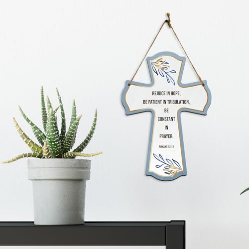 Rejoice in hope, be patient in tribulation, be constant in prayer. Romans 12:12 11.5" x 8" Cross Hanging Sign | Rustic Twine | Inspiring Religious Bible Decor