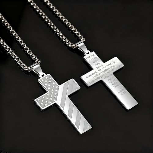American Flag Cross Necklace for Men, Christian Confirmation Baptism Gifts - color: Silver, style: Isaiah 41:10
