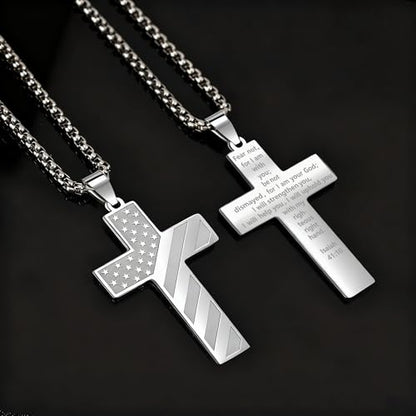 American Flag Cross Necklace for Men, Christian Confirmation Baptism Gifts - color: Silver, style: Isaiah 41:10