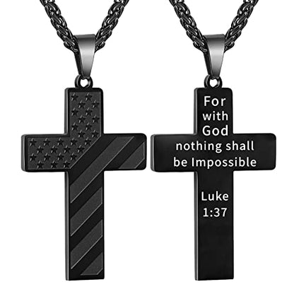 DuoDiner 18+2" Cross Necklace for Men Boys Christian Confirmation Gifts - color: Black, style: Luke 1:37