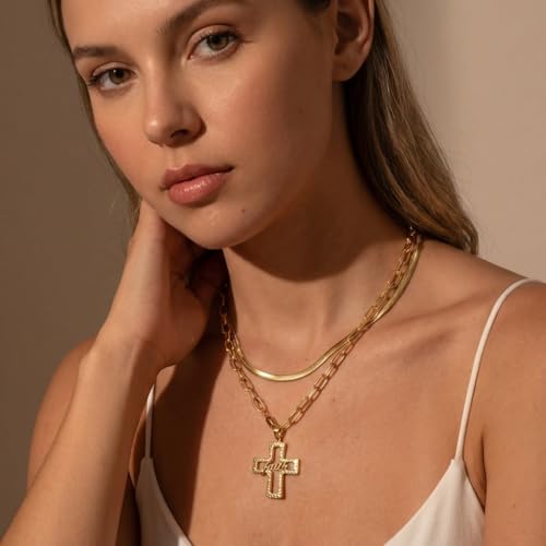 Chunky Cross Necklace for Women, 925 Sterling Silver Pendant with Copper Chunky Chain, Non Tarnish Statement Necklace for Daily Wear, Gift - color: Gold-01
