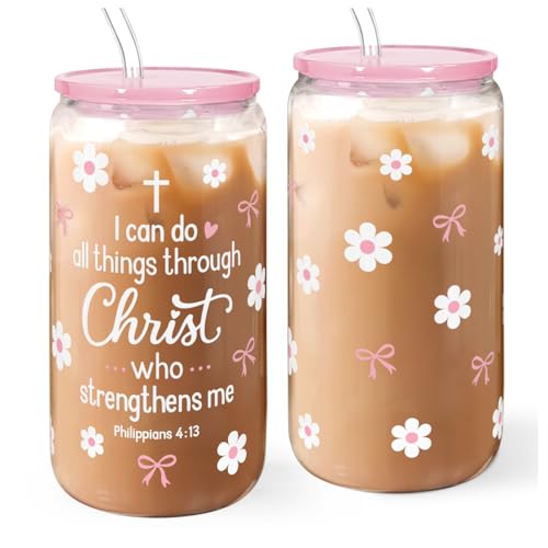 SANDJEST Christian Glass Can Tumbler 16oz, Inspirational Glass Cup with Lid & Straw, Iced Coffee Aesthetic Cups for Women Girls, Gifts Idea for Christmas Birthday - color: Christian 2