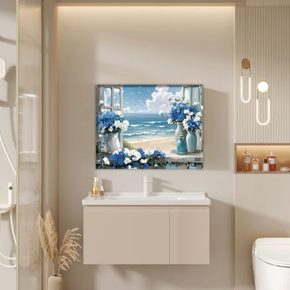 Coastal Flower Bathroom Canvas Wall Art Farmhouse Blue Bathroom Wall Decor - color: Beach Wall Art Canvas Prints (Ready to Hang)