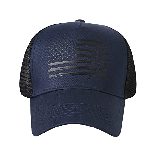 Baseball Cap, American Flag Trucker Hat for Men Women, Breathable Adjustable Fit Outdoor Mesh Snapback Hats - color: Navy/Black Flag