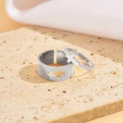 Matching Cross Rings for Couples Best Friend Promise Rings for Her Him - color: Silver