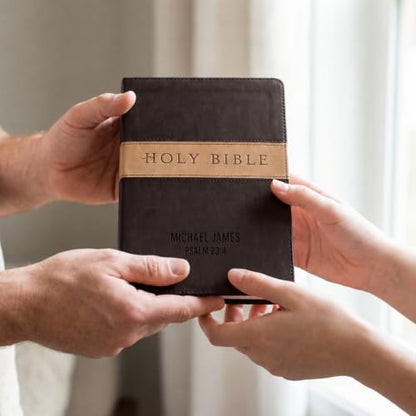 Printualist Personalized NLT Bible, Custom Engraved Name and Scripture Reference, Red Letter New Living Translation Text, Two-Tone Faux Leather Christian Gift for Church Use, Dark Brown and Tan - color: Dark Brown/Tan Tutone