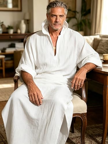 Jacansi Men's 65% Cotton 35% Linen Kaftan Thobe, Long Sleeve Casual Arabic Robe, Loose Long Gown with Pockets - color: 3# White, size: Medium