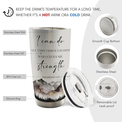 Christian Inspirational 20oz Travel Coffee Mug Tumbler, Christian Gifts for Women Men, Mountain Landscape Bible Verse Religious Stainless Steel Tumbler with Lid and Straw - color: strenhth