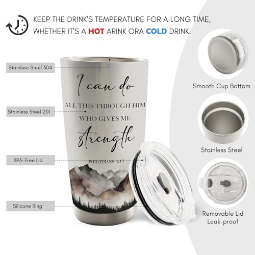 Christian Inspirational 20oz Travel Coffee Mug Tumbler, Christian Gifts for Women Men, Mountain Landscape Bible Verse Religious Stainless Steel Tumbler with Lid and Straw - color: strenhth