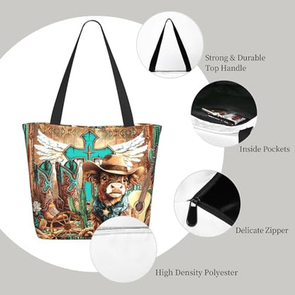 Funny Christian Tote Bags For Women With Zipper Christian Gifts For Work Gym Travel Beach Women With Large Capacity - color: Highland Cow