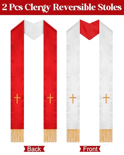 Eurzom 2 Pcs Reversible Clergy Stole with Cross Tassels - color: White,red