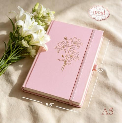 Linen Journal, Pink Notebook, Journal for Women, A5, 6"x8", Hardcover, Lay-flat, Ruled Paper, Lily Flower - color: Linen-Lily-Pink