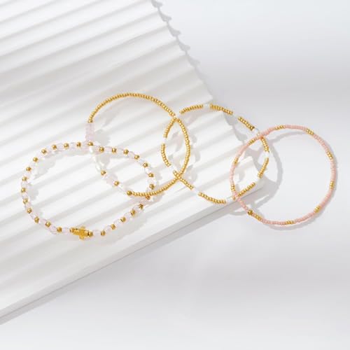 Gold Beaded Bracelets Stack for Women Stackable 14K Gold Plated Beads Ball Cross Bracelet Boho Christian Jewelry Faith Friendship Birthday Gifts for Women - color: Pink Crystal
