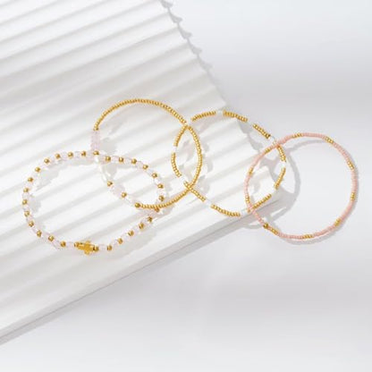 Gold Beaded Bracelets Stack for Women Stackable 14K Gold Plated Beads Ball Cross Bracelet Boho Christian Jewelry Faith Friendship Birthday Gifts for Women - color: Pink Crystal