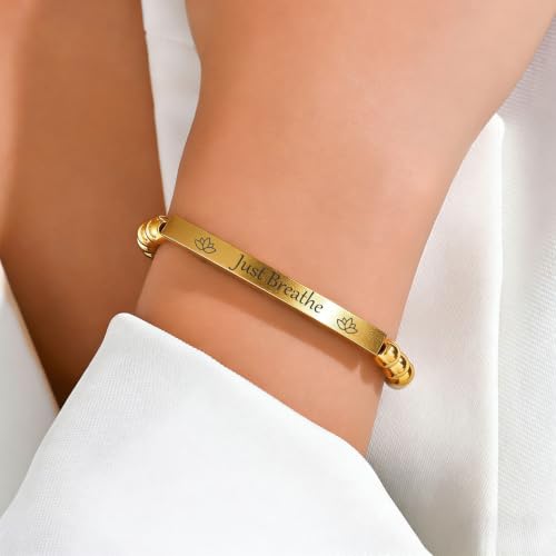 Inspirational Christian Bracelet for Women, Stainless Steel Beaded Cross Jewelry with Bible Verse, Religious Faith Gift for Mom, Daughter, Sister, Friend - color: Just Breathe- Gold Bead