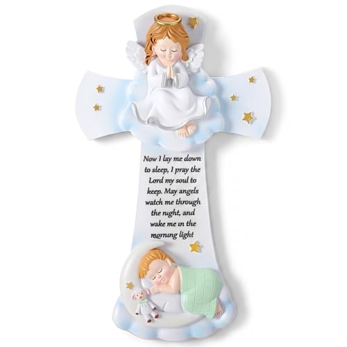 Wenqik 7.1" Guardian Angel Hanging Cross, Resin Wall Decor for Nursery