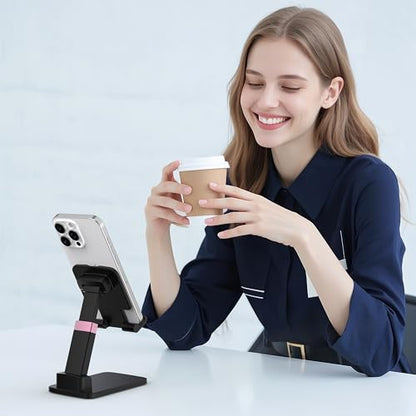 Cell Phone Stand for Desk, Adjustable Height & Angle Phone Holder, Foldable Portable Stand with Anti-Slip Silicone Pad, Compatible with iPhone and All Smartphones 4–8 Inch, Black - color: Black