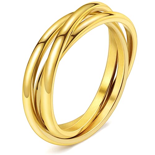 Trinity Interlocked Rolling Triple Ring for Women Girls Kids, Stainless Steel Cross Stacking Puzzle Ring for Fidget Anxiety, Minimalist Promise Engagement Wedding Ring - color: 18K Gold, size: 6