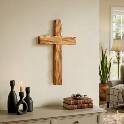 Wall Cross, Wooden Crosses from Bethlehem, Holy Land. Olive Wood Crucifix. Hanging Home Decor. Religious Gift for Godparents, Grandchildren, Kids Room Cross, New House, Christmas and Easter Gifts, - size: 8"L x 5"W