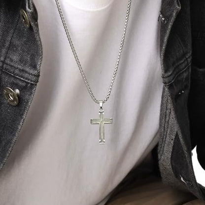 Cross Necklace for Men, Stainless Steel Black/Silver Cross Pendant Religious Necklace Christian Jewelry Chain 60 cm/23.6 inches - color: Silver