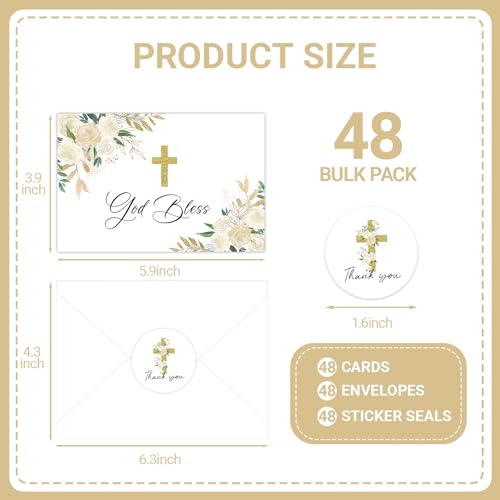 48 Pack Baptism Thank You Cards with Envelopes, Watercolor Floral Cross Christian Thank You Cards for Wedding Communion Baby Shower - style: 48 Pcs - Golden Cross