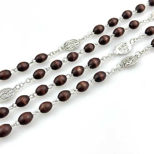 Seven Sorrows of Mary Rosary Wooden Beads Catholic Jewelry Necklace for Pray - color: Brown