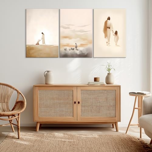 Set of 3 Framed Canvas Wall Art Jesus with Child and Lamb Watercolor Religious Artworks Christian style Wall Decor Paintings HD Print Posters for Bedroom, Living Room and Church 16x24inch - color: Jesus04, size: 24L" x 16W"