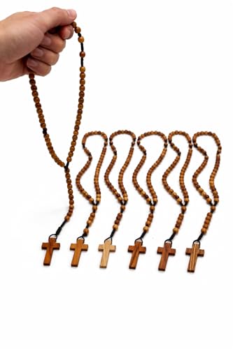 Zuluf Olive Wood Catholic Rosary Set of 6 - Holy Land Israel Wooden Prayer Beads with Traditional Cord & Wooden Cross, Bulk Religious Rosaries for Church, Sacraments, Baptism, Confirmation, Rosarios Católicos