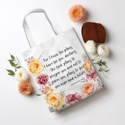 Positive Religious Christian Gifts Canvas Tote Bag for Women Christmas Birthday Cute Beach Reusable Grocery Bags - color: Jeremian 29 11 Flower