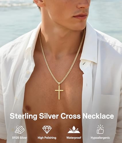 925 Sterling Silver Cross Necklace for Men, 18k Gold Plated Sterling Silver Cross Necklace with 5mm Durable Stainless Steel Cuban Link Chain for Men, 18 20 22 24 26 Inch - color: Gold Cross Pendant