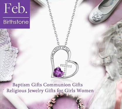 Birthstone Cross Necklace for Girls, Child of God Cross Gifts Jewelry - color: 02. Feb, style: 01. Silver