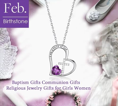 Birthstone Cross Necklace for Girls, Child of God Cross Gifts Jewelry - color: 02. Feb, style: 01. Silver