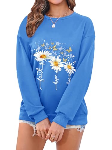 Women’s Christian Sweatshirts,Faith Hope Love Daisy Print Crewneck Long Sleeve Casual Loose Fit Sweatshirt - color: Blue, size: Medium