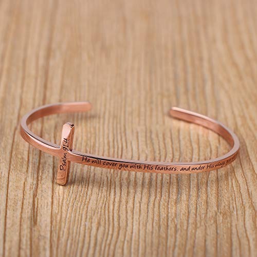 Memgift 𝐂𝐫𝐨𝐬𝐬 𝐁𝐫𝐚𝐜𝐞𝐥𝐞𝐭 Religious Cuff Bangle 𝐁𝐢𝐛𝐥𝐞 𝐕𝐞𝐫𝐬𝐞 Christian Gifts Jewelry for 𝐖𝐨𝐦𝐞𝐧 - style: He will cover you with his feathers,and under his wings you will find refuge -Psalm 91:4