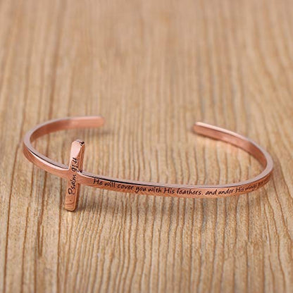 Memgift 𝐂𝐫𝐨𝐬𝐬 𝐁𝐫𝐚𝐜𝐞𝐥𝐞𝐭 Religious Cuff Bangle 𝐁𝐢𝐛𝐥𝐞 𝐕𝐞𝐫𝐬𝐞 Christian Gifts Jewelry for 𝐖𝐨𝐦𝐞𝐧 - style: He will cover you with his feathers,and under his wings you will find refuge -Psalm 91:4